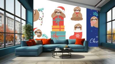 Cute sloths, funny Christmas illustrations with Santa Claus costumes, hat and scarfs, greeting cards set, banner Wall mural