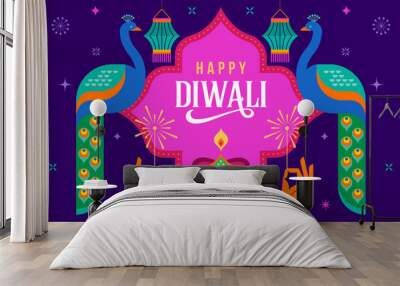 Diwali festival poster, Diwali Sale banner, Diwali background design with lights, peacock, lanterns, candles and flowers Wall mural