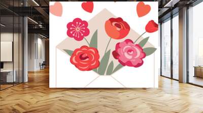 Envelope with Flowers and Hearts Valentine Romantic Illustration Wall mural