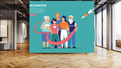 Family Vaccination concept design. Time to vaccinate banner - syringe with vaccine for COVID-19, flu or influenza and a family Wall mural