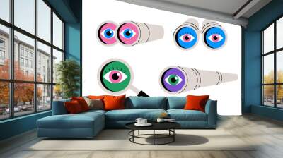 Funny colorful illustrations of binoculars, magnifying glass and spyglass telescope. Seo, searching, looking for, finding, hiring concept. Isolated design elements. Vector illustration Wall mural