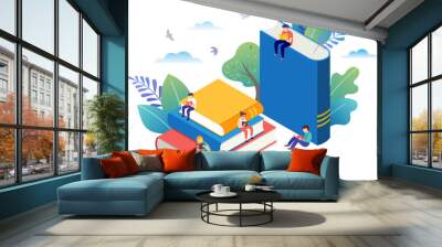 Giant books with tiny people flat illustration Wall mural