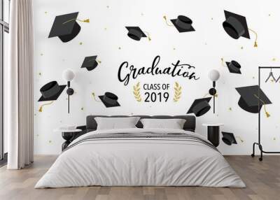 Graduate class of 2019. Caps and confetti on a white background. Hats thrown up, vector illustration, banner design Wall mural