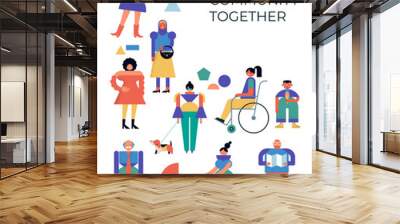 Group of people, community, family or neighborhood standing together. Poster, flyer, banner design. Characters in geometric fun modern style. Colorful concept design. Wall mural