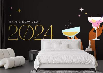 Happy New Year, poster, banner and card design with festive cocktails Wall mural