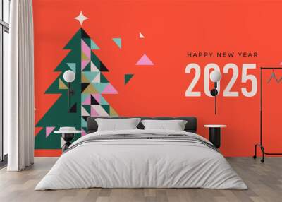 Happy New Year 2025, New Year background, banner, poster design. Modern minimalist geometric illustration, concept design with Christmas decorations, confetti, Xmas tree and ornaments Wall mural