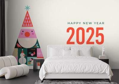 Happy New Year 2025, New Year background, banner, poster design. Modern minimalist geometric illustration, concept design with Christmas decorations, Santa Claus, Xmas tree and ornaments Wall mural