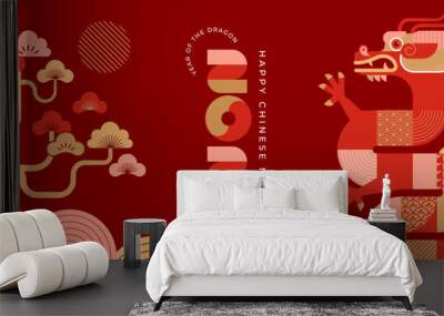 Lunar new year background, banner, Chinese New Year 2024 , Year of the Dragon. Geometric modern style Wall mural