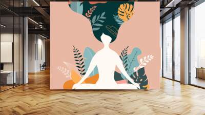 Mindfulness, meditation and yoga background in pastel vintage colors - women sitting with crossed legs and meditating. Wall mural