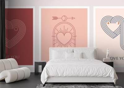 Minimalist Bohemian Valentine's day greeting cards, wall art prints. Heart, lips, sun and rainbow, design templates, geometric abstract design elements for decoration Wall mural