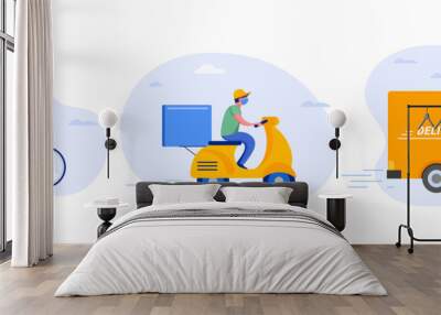 Online delivery service concept, online order tracking, delivery home and office. Warehouse, truck, drone, scooter and bicycle courier, delivery man in respiratory mask. Vector illustration Wall mural