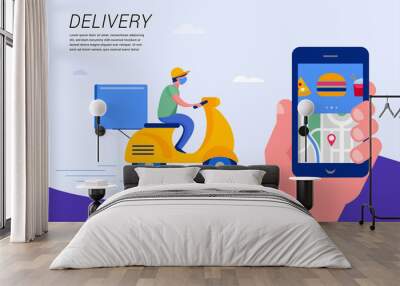 Online delivery service concept, online order tracking, delivery home and office. Warehouse, truck, drone, scooter and bycicle courier, delivery man. Vector illustration Wall mural