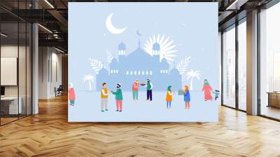 Ramadan Kareem, Eid mubarak, greeting card and banner with many people, giving gifts, food.Islamic holiday background. Vector illustration Wall mural