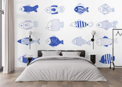 Simple, elegant and stylish collection of modern hand drawn fish illustrations, logos, design Wall mural