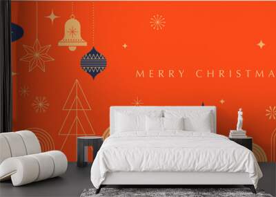 Simple Christmas background, elegant geometric minimalist style. Happy new year banner. Snowflakes, decorations and Xmas trees elements. Retro clean concept design Wall mural