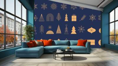 Simple Christmas background, golden geometric minimalist elements and icons. Happy new year banner. Xmas tree, snowflakes, decorations elements. Retro clean concept design Wall mural