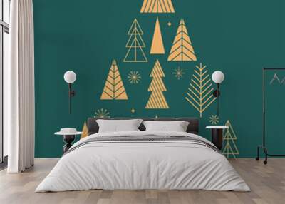 Simple Christmas trees background, geometric minimalist style. Happy new year banner. Xmas tree, snowflakes, decorations elements. Retro clean concept design Wall mural