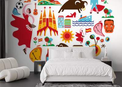 Spain Love - heart with set of vector icons Wall mural