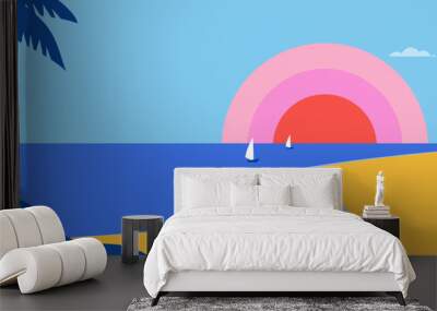 Summer and Travel concept design. Clean landscape of sea and beach. Beautiful nature palm leaf on tropical beach with sun light abstract background with copy space. Vector illustration Wall mural