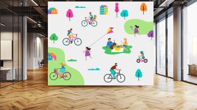 summer outdoor scene with active family vacation, park activities illustration with kids, couples an Wall mural