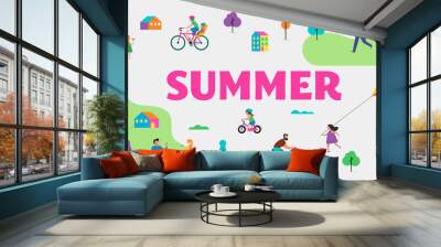 summer outdoor scene with active family vacation, park activities illustration with kids, couples an Wall mural