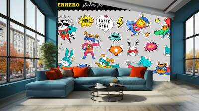 Superhero cute sticker collection. Vector hand drawn illustrations Wall mural