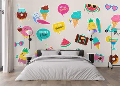 sweet summer - cute ice cream, watermelon and donuts sticker illustrations, vector design Wall mural