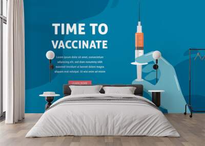 Vaccination concept design. Time to vaccinate banner - microscope and syringe with vaccine for COVID-19, flu or influenza Wall mural