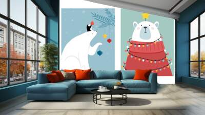 Winter forest animals, Merry Christmas greeting cards, posters with cute bear, birds, bunny, deer, mouse and penguin.  Wall mural