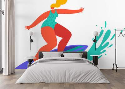 Woman on Surfboard Modern Flat Character Wall mural