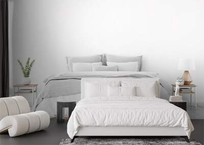 Home interior wall mock up with unmade bed, plaid,cushions and plant in white bedroom. 3D rendering. Wall mural