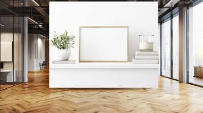 Horizontal wooden frame mockup with green olive twigs in vase and candle on white wall background. A4, A3, A size, 3d rendering, illustration Wall mural