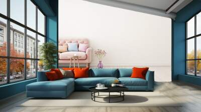 Living room interior wall mock up with pink tufted sofa, multi-colored pastel pillows, coffee table and flowers in vase on neutral empty warm white background. Free space on right. 3D rendering. Wall mural