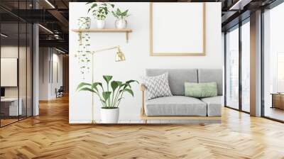 square poster mock up with wooden frame, sofa and green plants on white wall background. 3d renderin Wall mural