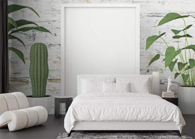 Vertical frame poster mock up with green plants on white wooden wall background. 3d rendering. Wall mural