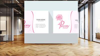 Peony logo. Vector business cards design template with monogram letter P and pink peony flowers on white background. Romantic design for natural cosmetics, perfume, women products. Peony studio. Wall mural