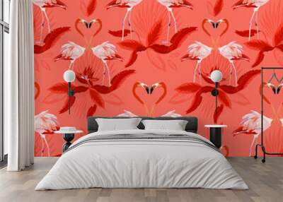 Seamless tropical pattern, Two flamingos in love and tropical palm leaves, plants, bird of paradise. Romantic Valentine's Day template. Pattern trend design. Wall mural