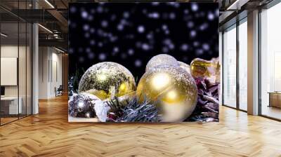 Christmas New Year Composition with Balls Fir cones Black Backgr Wall mural