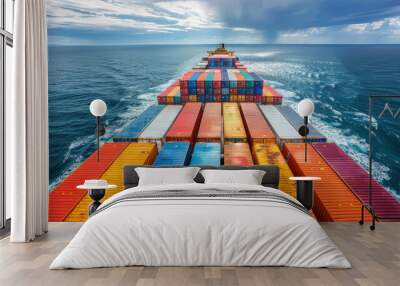 Cargo ship carrying containers for business logistics and transportation in open sea with copy space. Sea container transportation for import and export. Cargo delivery by water transport. Wall mural