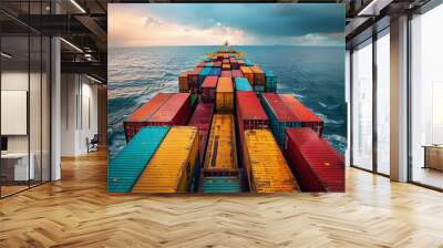 Cargo ship carrying containers for business logistics and transportation in open sea with copy space. Sea container transportation for import and export. Cargo delivery by water transport. Wall mural