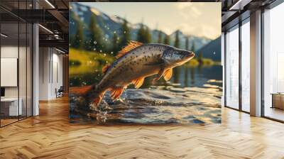 Close up of fish rainbow trout jumping from the water with bursts in high mountain clean lake or river, at sunset or dawn, picturesque mountain summer landscape. Copy space. Wall mural