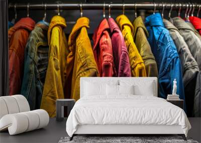 Colorful jackets of different sizes and styles hang on hangers. Illustration on dark background. Wall mural