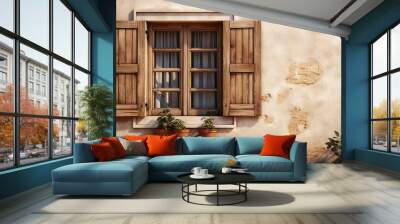 Old ancient wooden window with shutters on facade of old Italian house. Scenic original and colorful view of antique window with flower pots in old city. Atmosphere of tranquility. Copy space. Wall mural