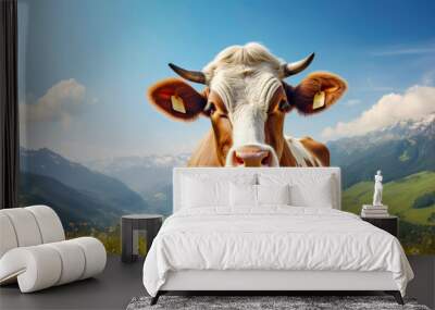 One cow in summer meadow against backdrop of alpine mountains and blue sky with fluffy clouds. Farm animal looks at camera, organic milk, green grass, pasture, beautiful nature. Copy space. Close-up. Wall mural