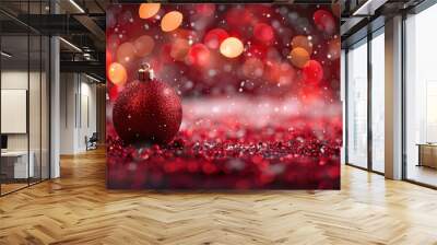 Red festive Christmas background with lights, sparkles, bokeh and red glass ball.  Postcard, banner. concept of holiday, Celebration, decoration. Copy space for text. Wall mural