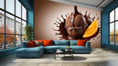 Splash of ball of chocolate ice cream and orange slices, on brown background. Delicious milk food, sweet summer treat. Close-up Wall mural