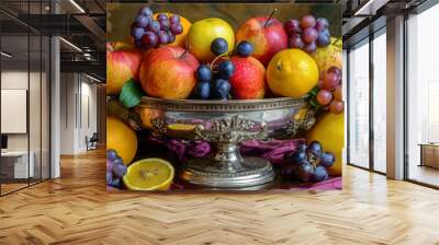 Still life, fruits. Red apples, oranges, violet grapes in antique silver vase, on table with tablecloth. Half lemon. Background of blurred fabric. Close-up. Wall mural