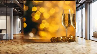 Two glasses of champagne with gold ribbon on background of bokeh and glitter lights. Champagne bubbles sparkle on blurry Christmas background. Party and holiday celebration concept. Copy space. Wall mural