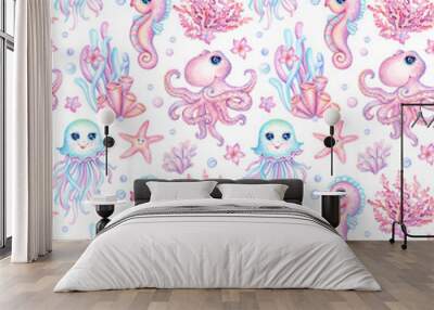 Cute sea animals seamless pattern. Watercolor underwater world with octopus jellyfish seahorse starfish in pastel pink and blue. Idea for nursery wallpaper, kids wrapping, fabric and baby clothes Wall mural