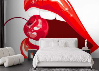 Sensual lips with a cherry Wall mural